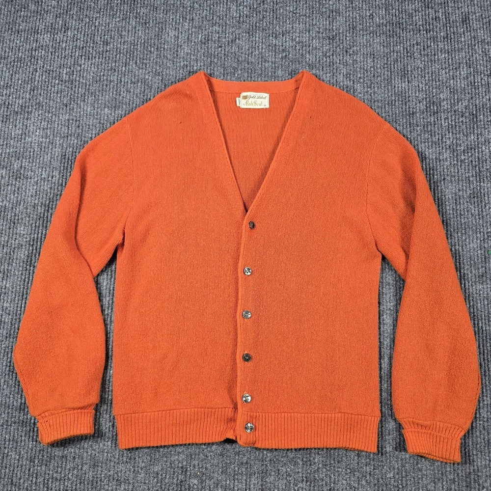 Vintage Rob Scot Knit Sweater Mens Medium Orange Mohair Blend Cardigan 60s 70s